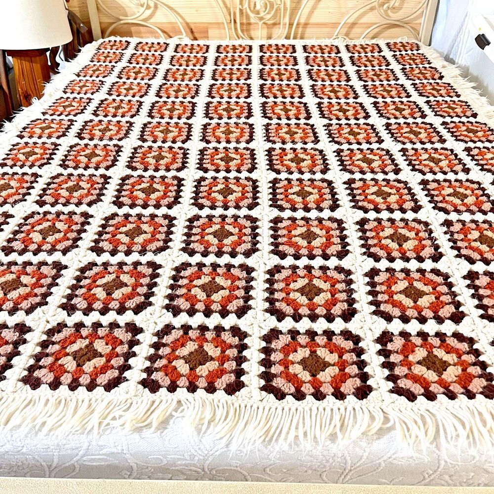 VTG Handmade Afghan Granny Square Crochet Retro Earth Tones-Boho Style w/ Fringe